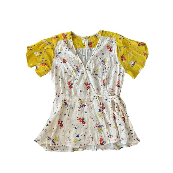 White and yellow floral print wrap top with short sleeves and tie waist #floral - Picture 2 of 6